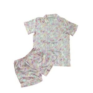 Jane Marie Kids Easter Bunny Egg Pajama Set Pink Satin Button Down Shorts XL NEW